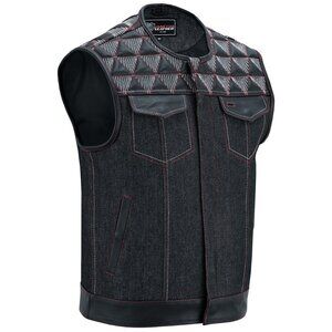 Men's Denim & Leather Motorcycle Vest Red & White Stitching SOA Biker Club